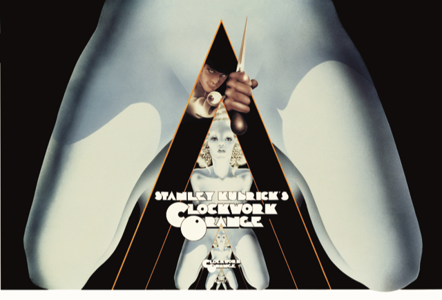 A graphic illustration of Alex with a knife positioned between a women's legs from the film A Clockwork Orange