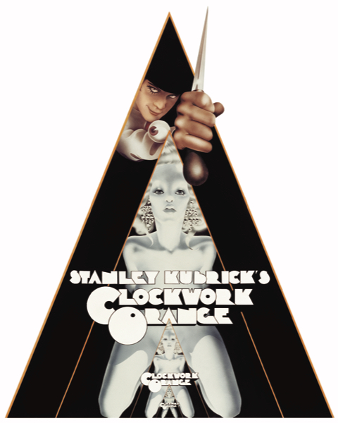 An illustration of Alex with a knife in the icon film poster from the film A Clockwork Orange
