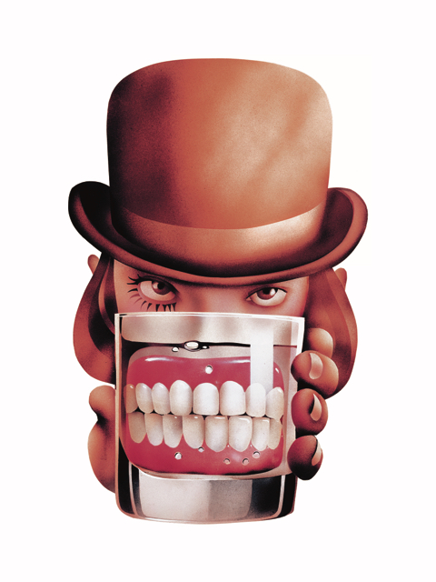 An illustration of Alex, from A Clockwork Orange, holding up a glass with false teeth