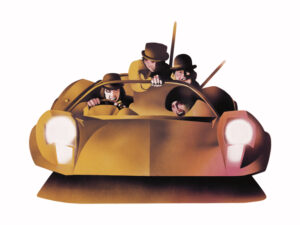 An illustration by Philip Castle of Droogs in Car from the film A Clockwork Orange